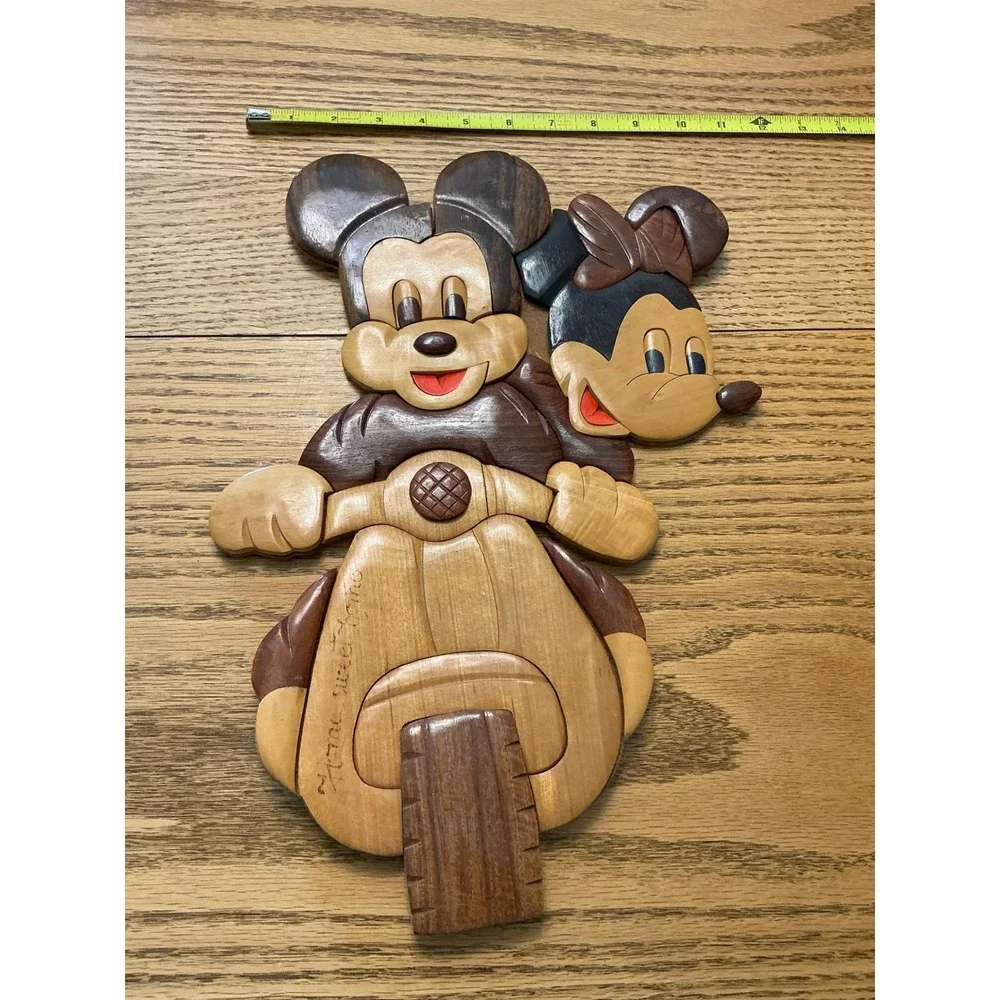Disney Mickey Minnie Mouse Scooter Intarsia Wood Wall Art Handcrafted 15.5x11
